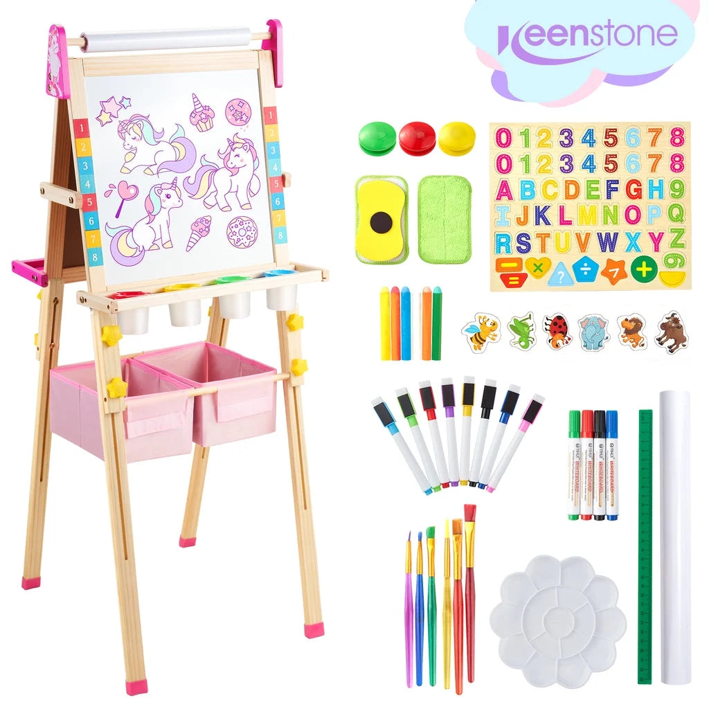 Unicorn Art Easel for Kids, Educational Toy for 3,4,5,6,7,8 Boys&Girls, Wooden Chalk Board & Magnetic Whiteboard & Painting Paper Stand, Gift & Art Supplies for Toddlers