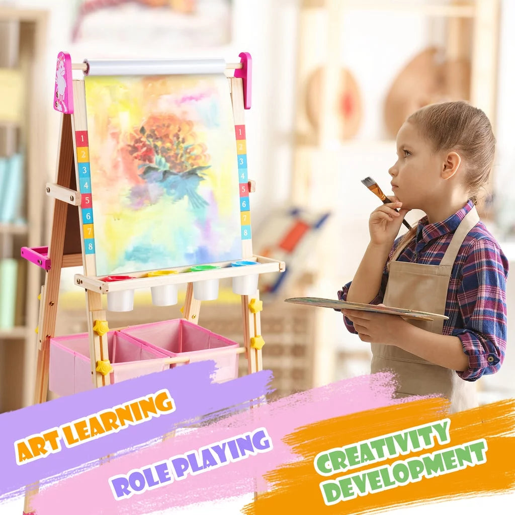 Unicorn Art Easel for Kids, Educational Toy for 3,4,5,6,7,8 Boys&Girls, Wooden Chalk Board & Magnetic Whiteboard & Painting Paper Stand, Gift & Art Supplies for Toddlers