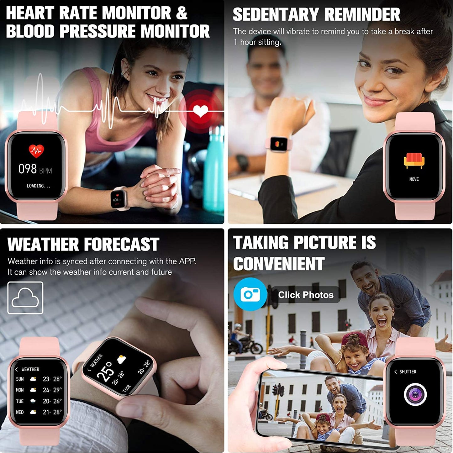 Smart Watch, Fitness Watch Activity Tracker with Blood Pressure Heart Rate Monitor IP67 Waterproof Bluetooth Smartwatch Touch Screen Sports Tracker Watch for Ios Phones Android Men Women Pink