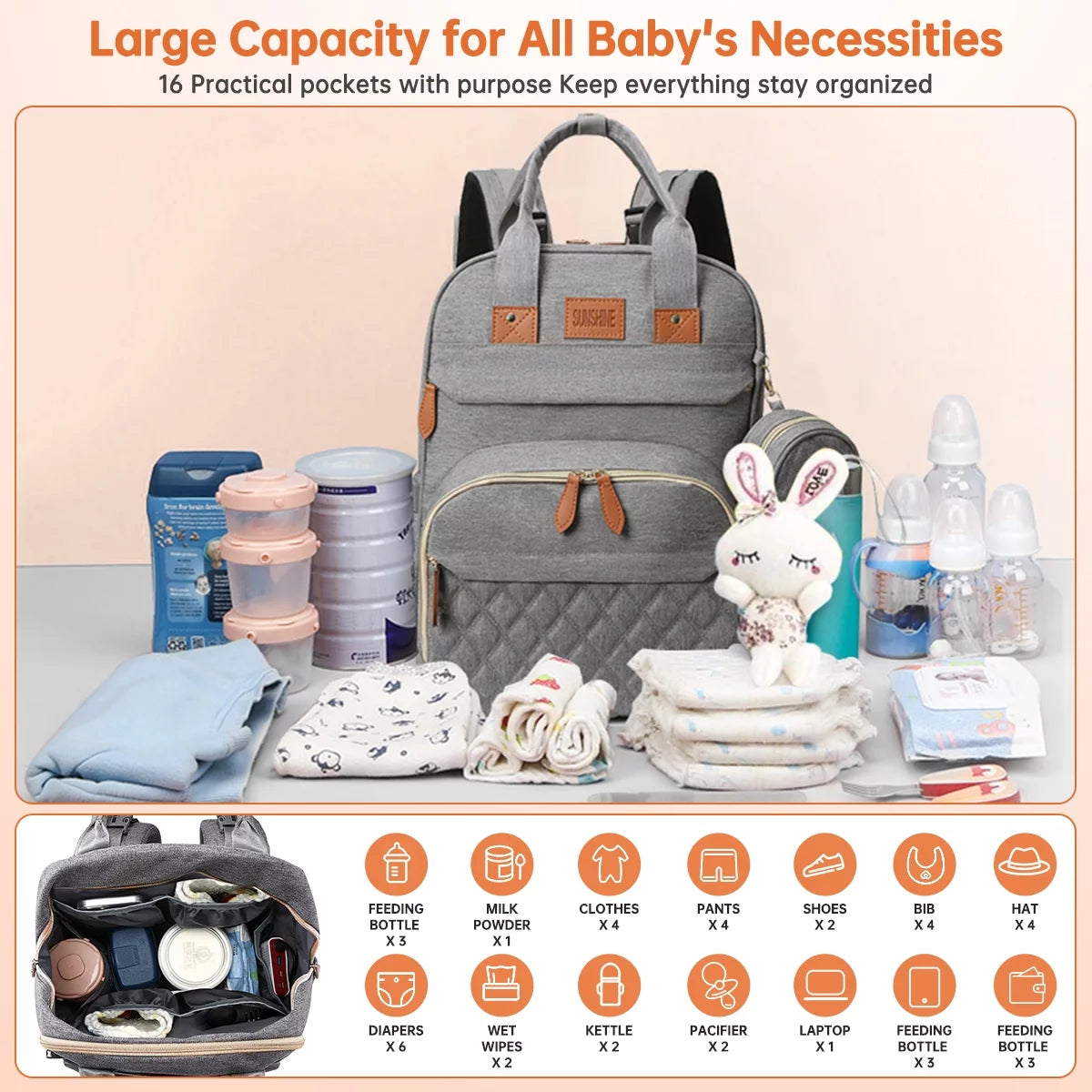 Diaper Bag Backpack, Multifunction Baby Bag with Changing Station, Large Capacity Diaper Bags W/ Foldable Crib & Insulated Pocket, Portable Waterproof Backpack, USB Charging Port&Stroller Straps(Gray)