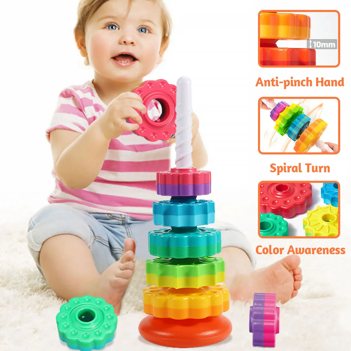 Montessori Rotating Rainbow Tower Baby Stacking Puzzle Toys Safety and Environmental Protection Colored Children'S Toys