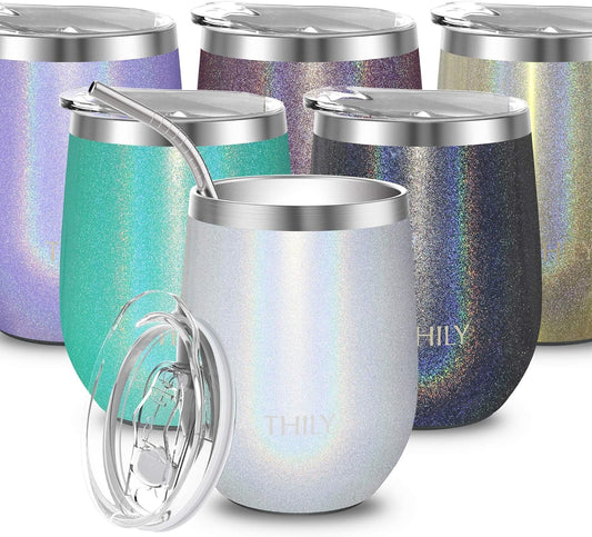 12Oz Insulated Stainless Steel Wine Tumbler with Sliding Lid & Straw - Stemless Travel Cup for Coffee, Cocktails, Beer - Cold Drinks - Glitter White