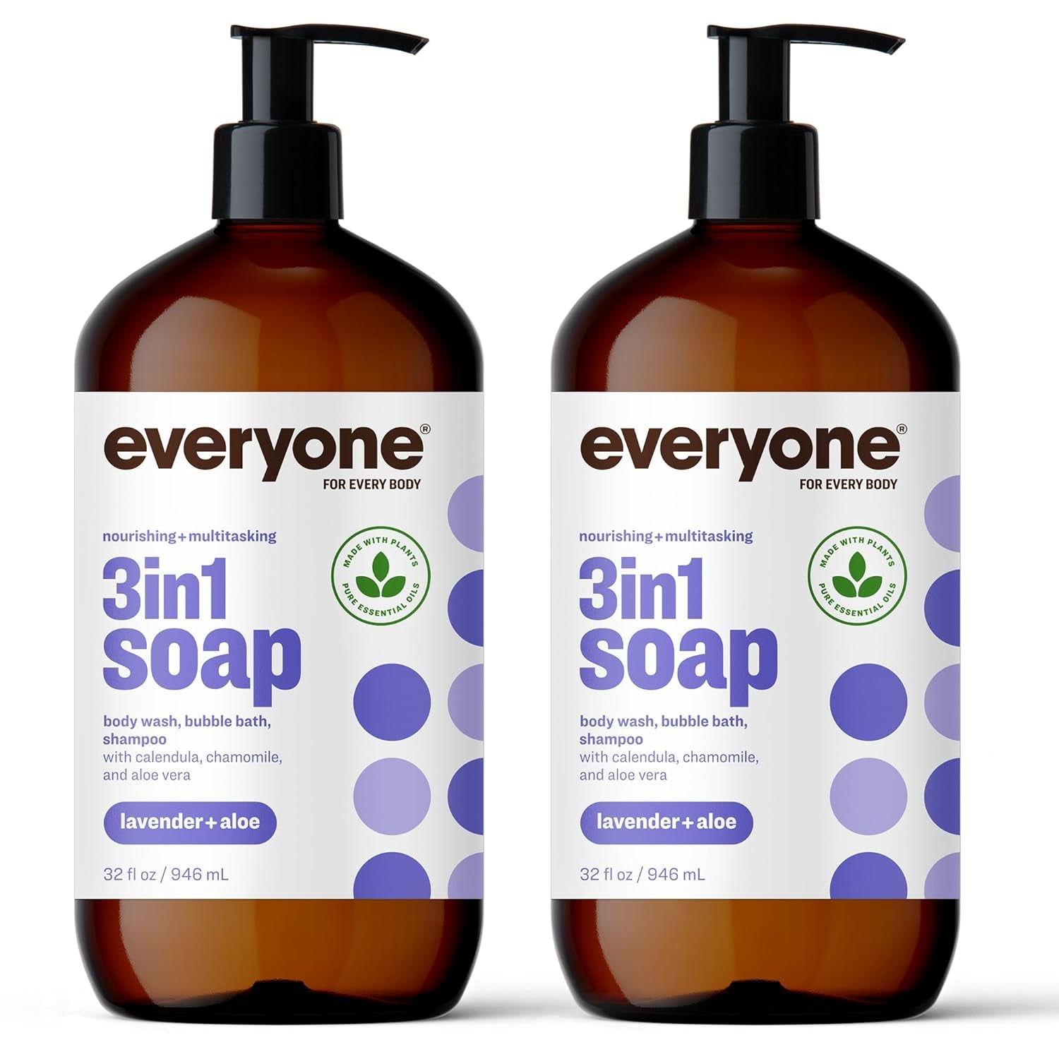 3-In-1 Soap, Body Wash, Bubble Bath, Shampoo, 32 Ounce (Pack of 2), Lavender and Aloe, Coconut Cleanser with Plant Extracts and Pure Essential Oils