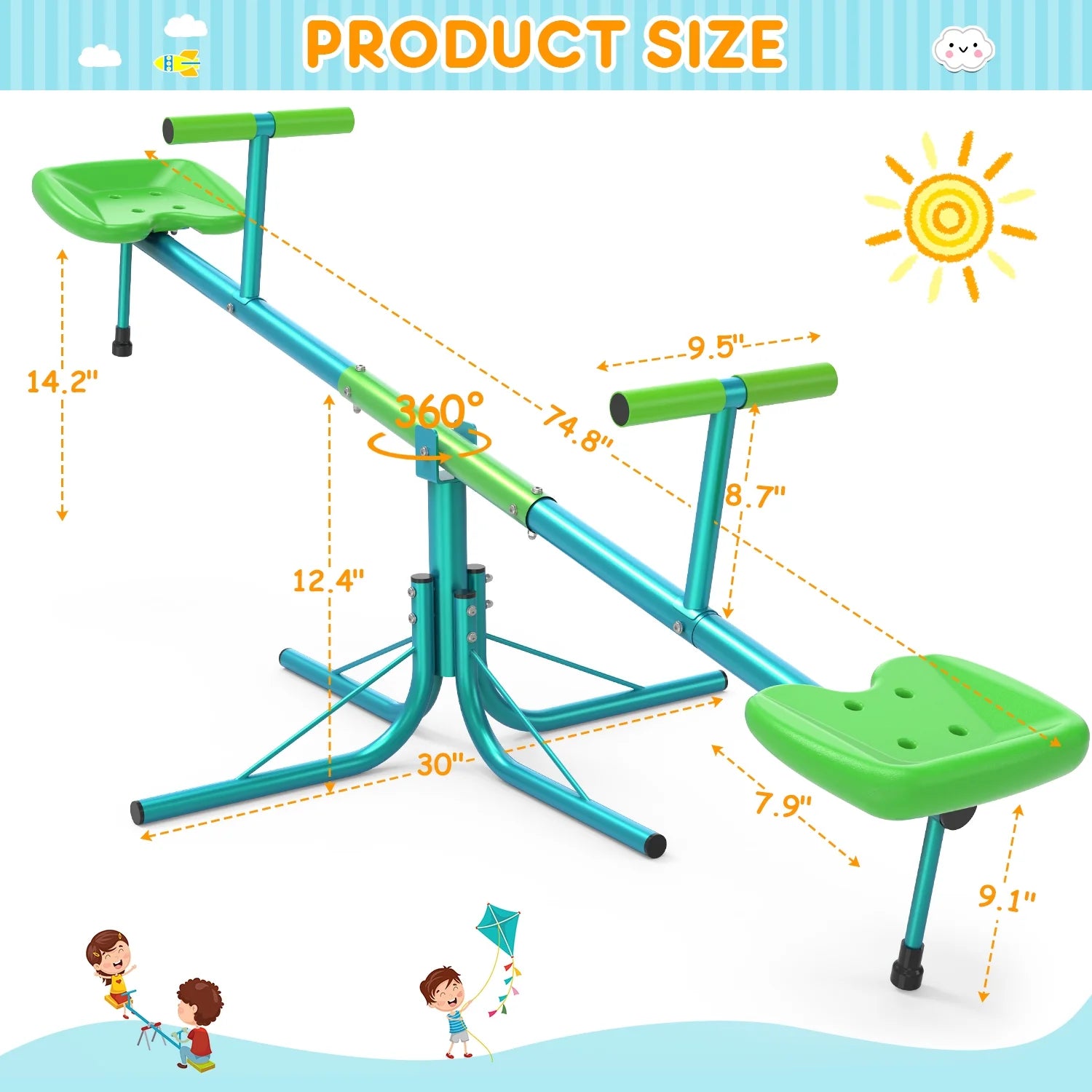 Kids Seesaw, Spinning Teeter Totter, 220Lbs Capacity Kids Outdoor Playground Equipment, Swiveling 360 Degrees Rotating for Kids 3-6