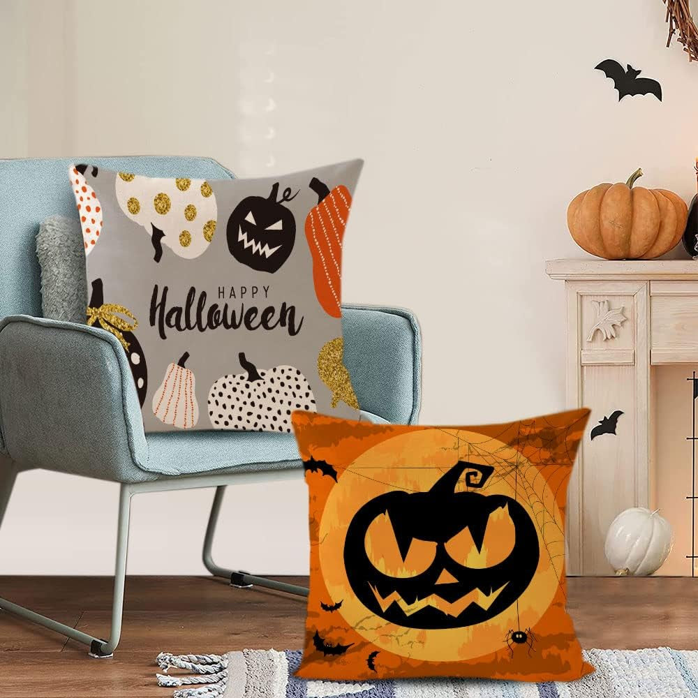 Set of 4 Halloween Pillow Covers 18X18 Inch Trick or Treat Pumpkin Decor Throw Pillow Covers Black Halloween Cushion Covers Linen Square Pillow Cases for Home Outdoor Sofa Couch (18 by 18)