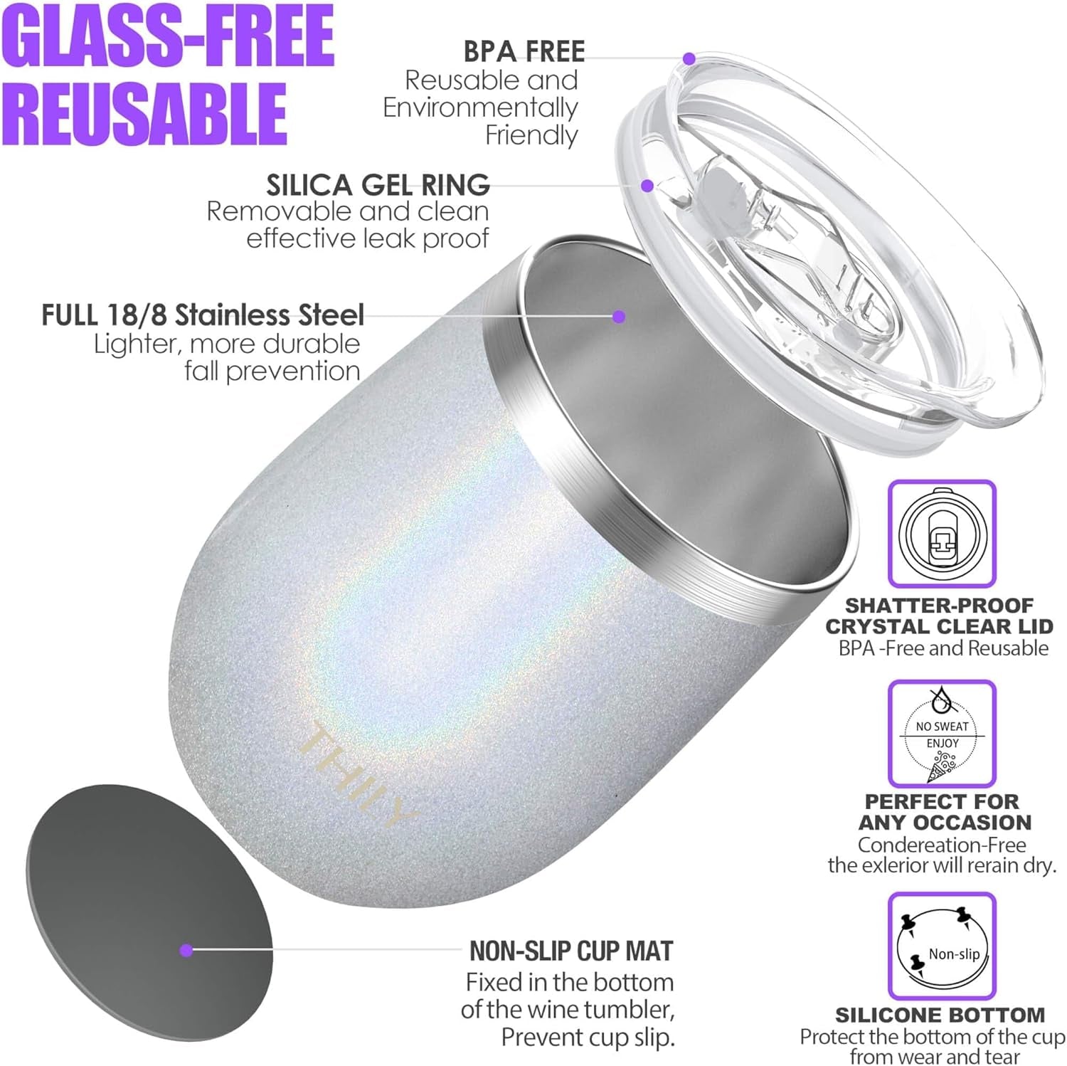 12Oz Insulated Stainless Steel Wine Tumbler with Sliding Lid & Straw - Stemless Travel Cup for Coffee, Cocktails, Beer - Cold Drinks - Glitter White