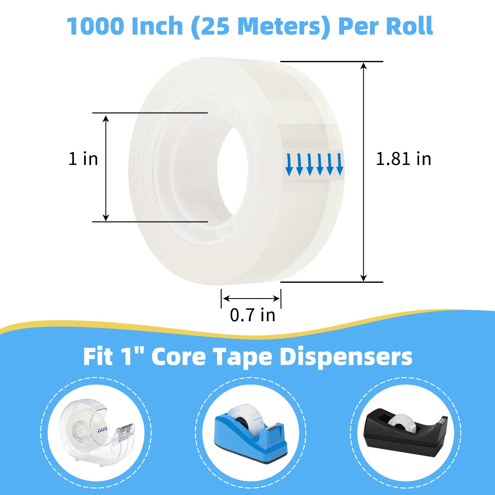 6 Rolls Transparent Tape Refills, Clear Tape, All-Purpose Transparent Glossy Tape for Office, Home, School