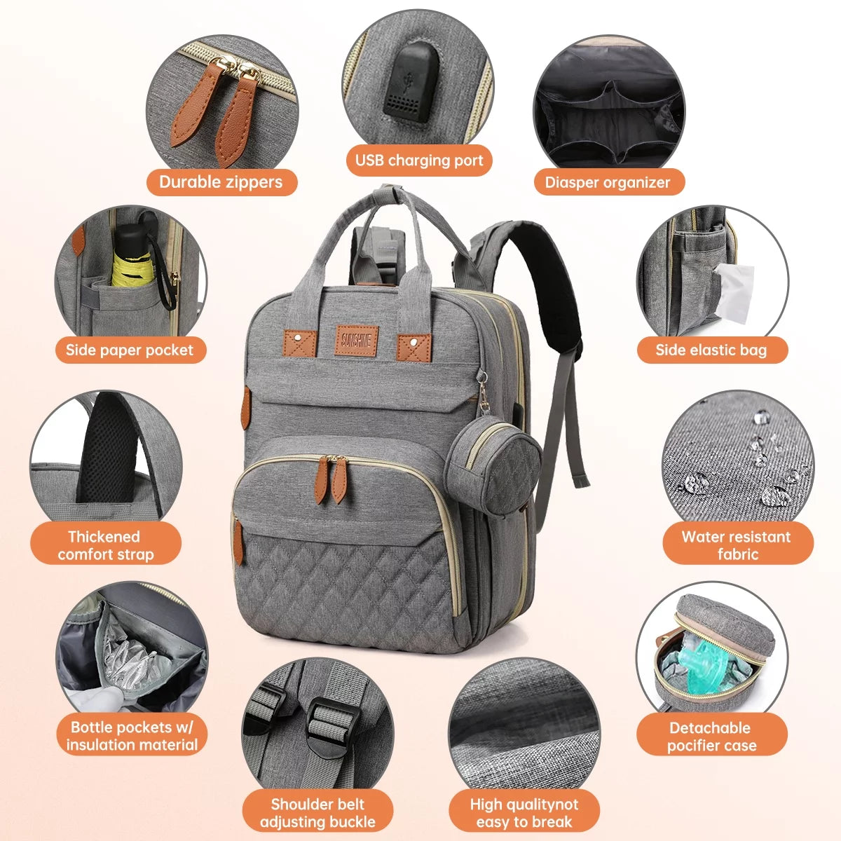 Diaper Bag Backpack, Multifunction Baby Bag with Changing Station, Large Capacity Diaper Bags W/ Foldable Crib & Insulated Pocket, Portable Waterproof Backpack, USB Charging Port&Stroller Straps(Gray)