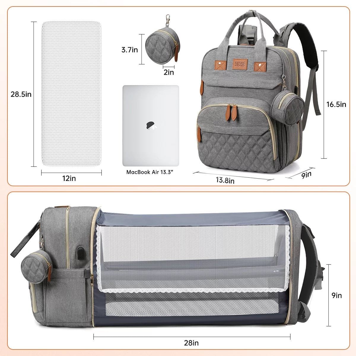 Diaper Bag Backpack, Multifunction Baby Bag with Changing Station, Large Capacity Diaper Bags W/ Foldable Crib & Insulated Pocket, Portable Waterproof Backpack, USB Charging Port&Stroller Straps(Gray)