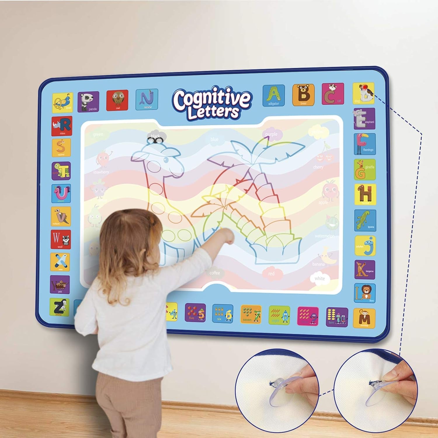 Water Doodle Mat Extra Large Kids Water Drawing Mat Educational Painting Toys Aqua Magic Doodle Mat with Pens Water Mat for Kids,Toddlers,Boys,Girls (Letters, 48 X 36 Inch)