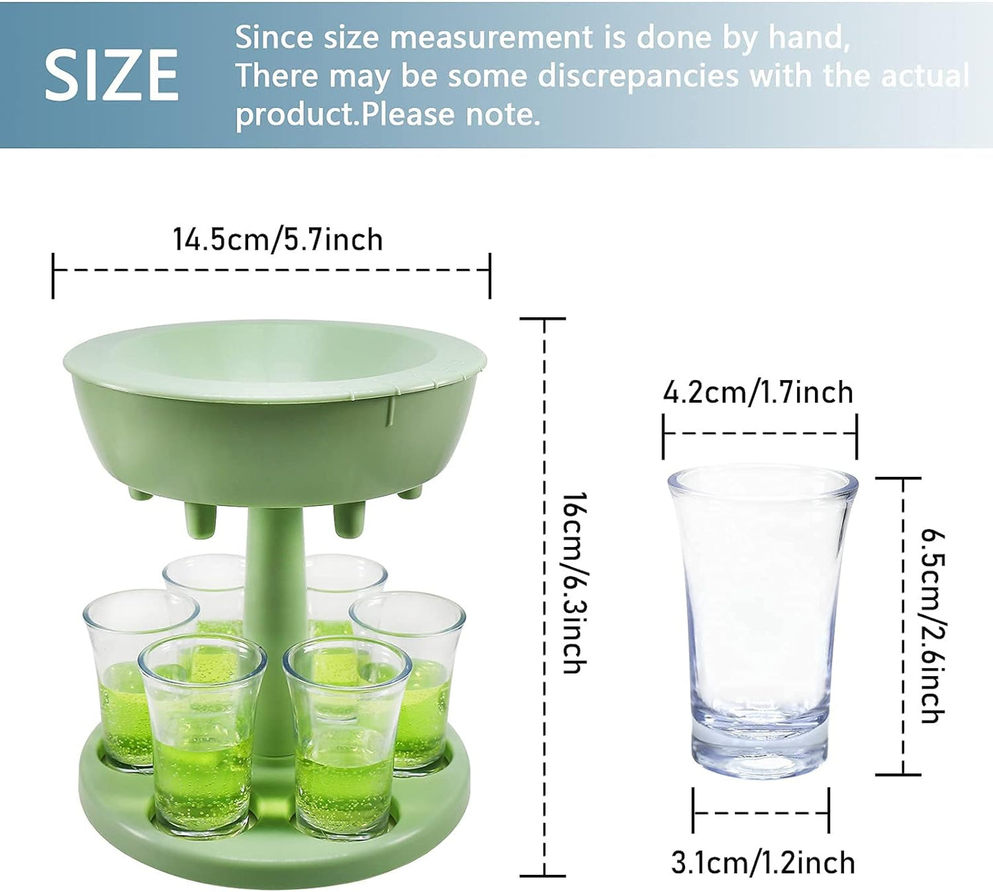 Shot Glasses Dispenser Holder, Adjustable Liquid Dispenser, Shot Pourer with 6 Acrylic Cups, Suitable for Cocktail, Wine and Cider Parties, Green